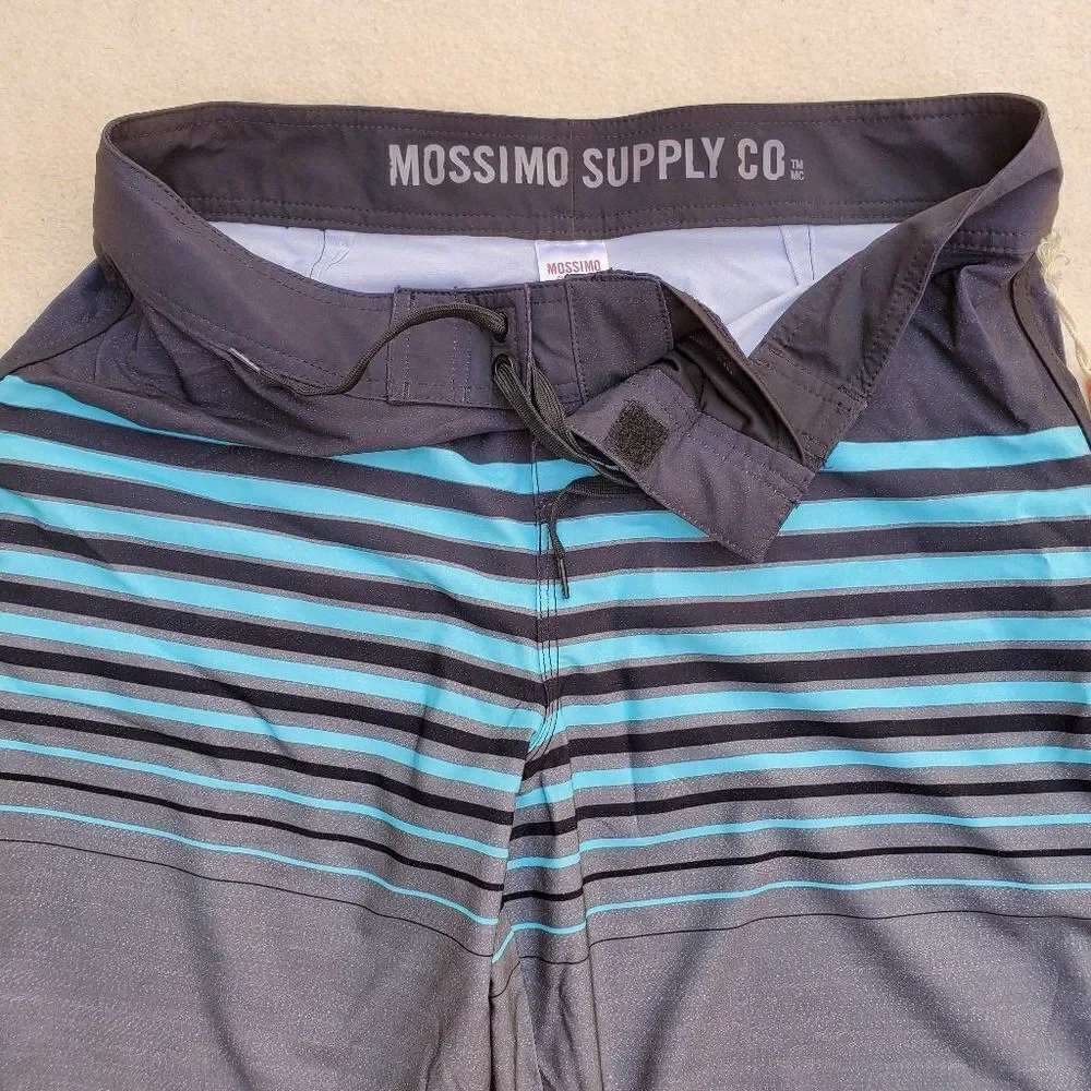 Mossimo black, teal, and gray striped board shorts